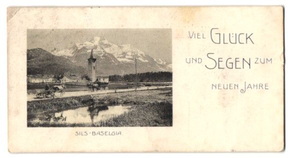 Cartoline postali: Mini-AK Sils Baselgia, Kirche mit Bergpa – Usato da Berlin venduto da bartko-reher