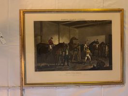 Pferde-Szene im Stall, antiker Druck