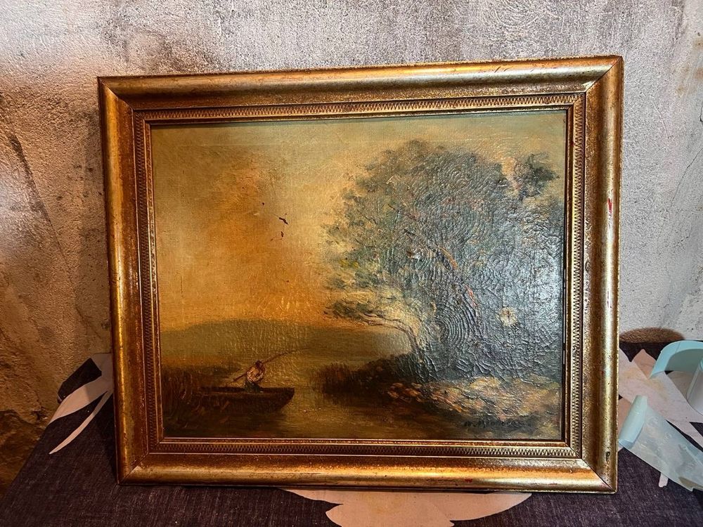 Ölgemälde Fischerboot am See antikes Bild Signiert (135) (Gebraucht