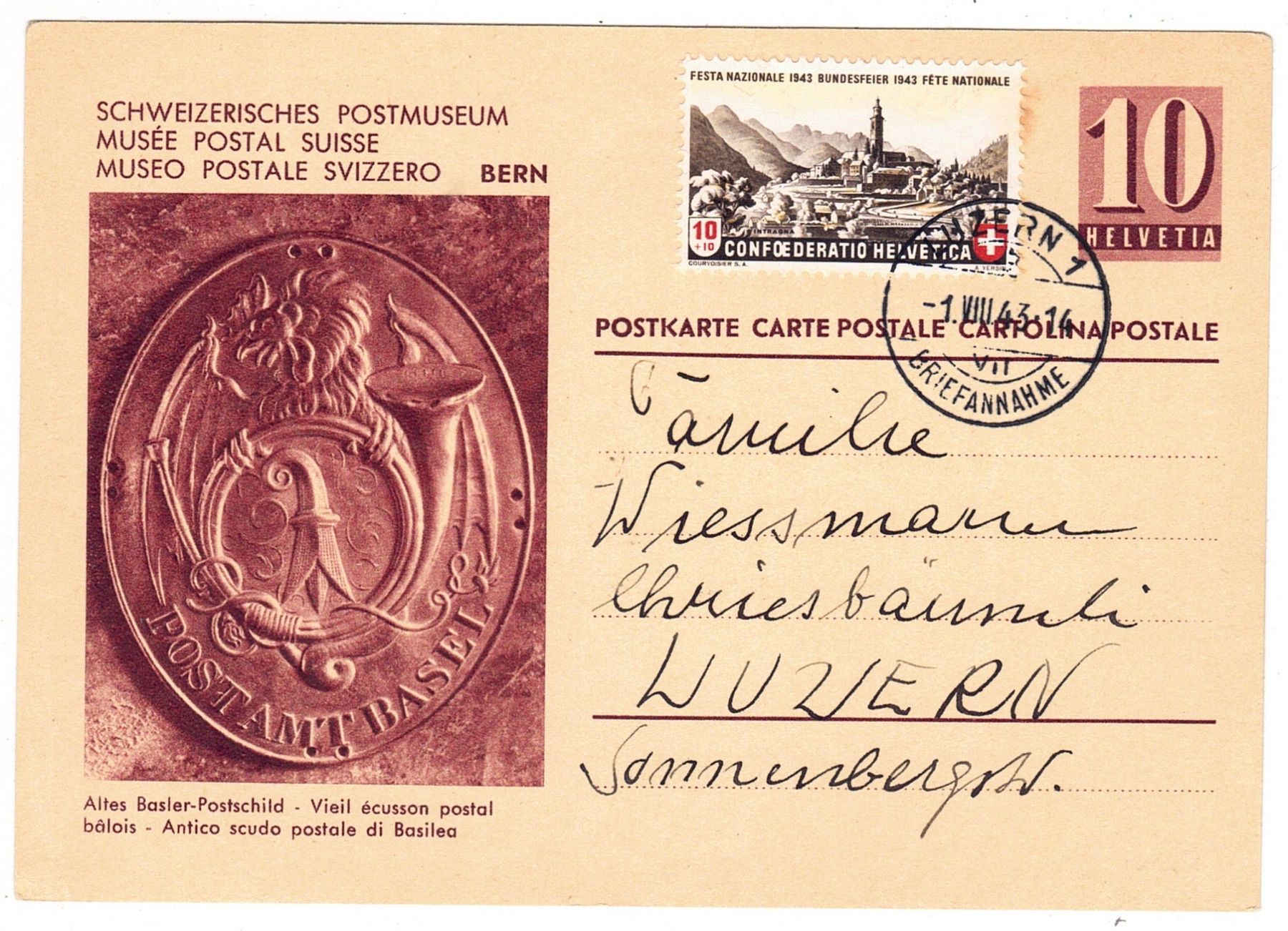 Tous les timbres: Entier postal de Bern pour Luzern le1.VIII.43 – D'occasion à La Tour-de-Peilz par amjust