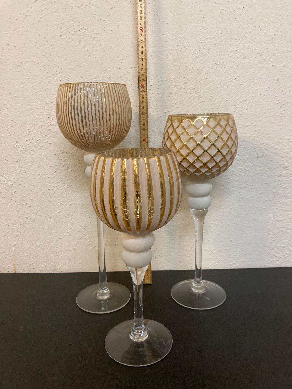 Portacandele: Kerzenständer aus Glas, 3er Set, Goldmuster – Usato da Winterthur venduto da silen 1