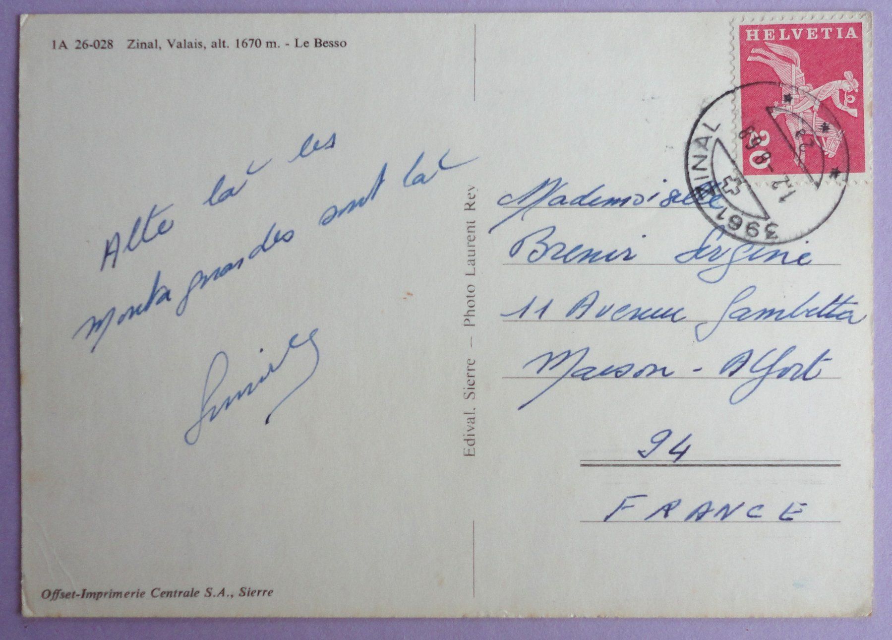 Cartoline postali: Zinal alt. 1670 m - Le Besso – Usato da Fétigny venduto da Billy2miny 1