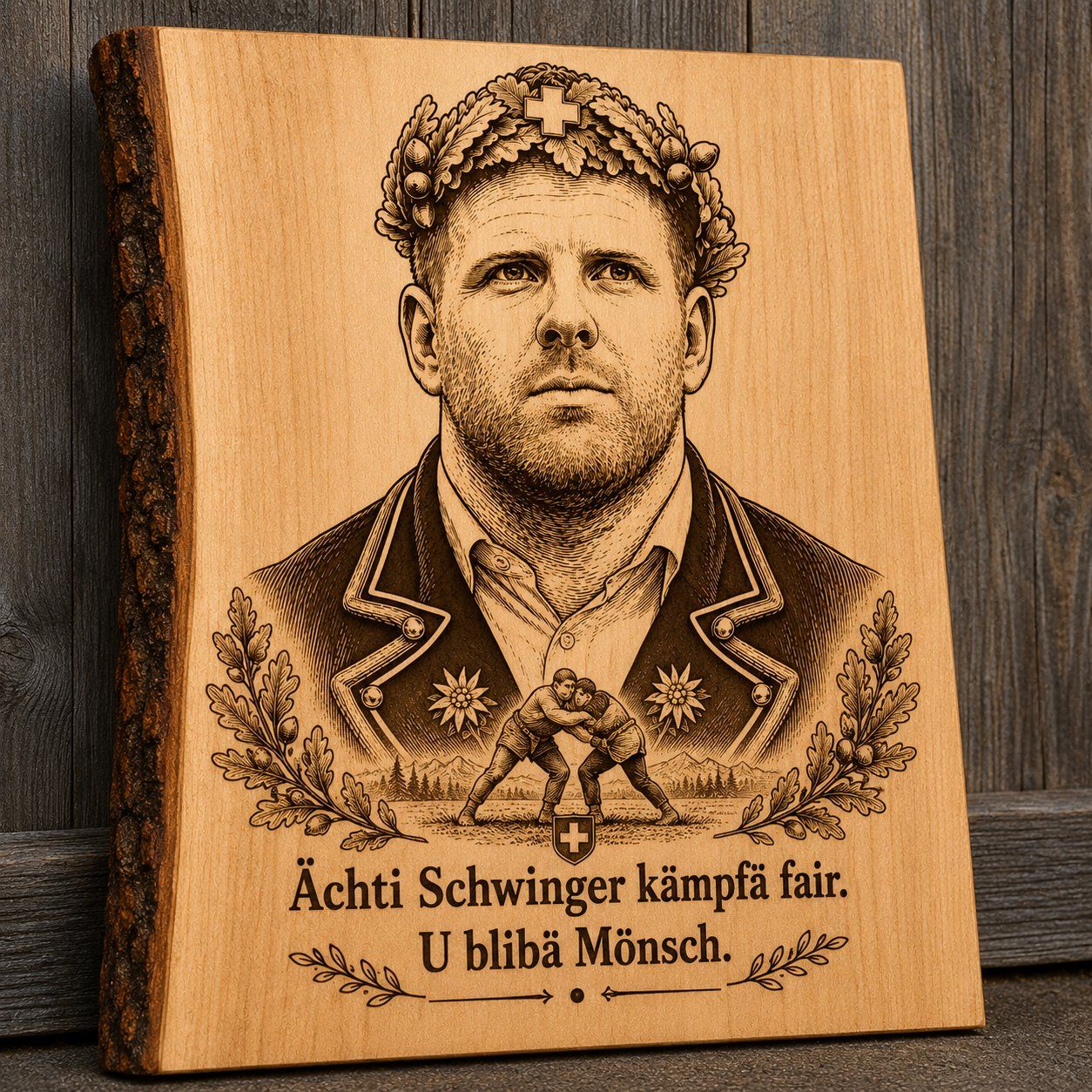 Articles en bois: Ächti Schwinger kämpfä fair. U blibä Mönsch. – Neuf avec emballage d'origine à Eggiwil par WQ_Emmental