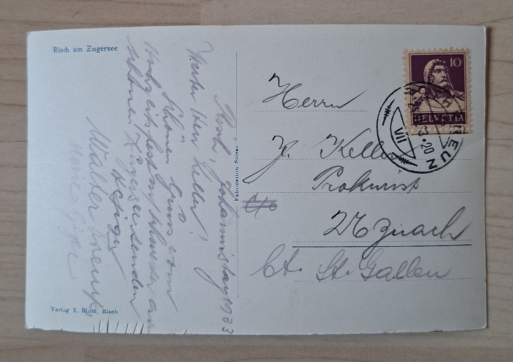 Cartoline postali: Risch am Zugersee 1920 – Usato da Siebnen venduto da Leissav 1