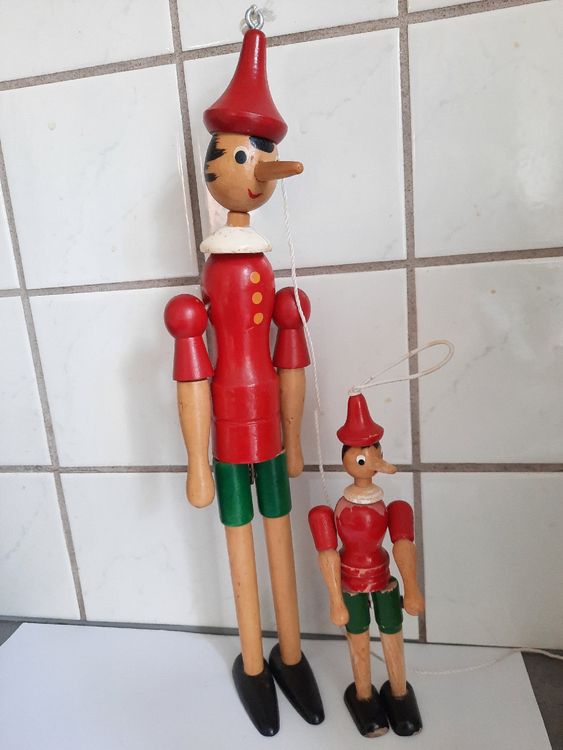 Poupées Pinocchio En Bois - Lot De 2 Tailles 32cm Et 36cm - Vintage Italie Fait Main