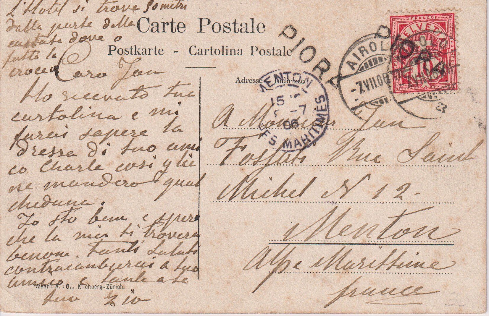 Cartoline postali: AK Cascate presso Piora - 1906. – Usato da Riva San Vitale venduto da MAR-NAPO 1