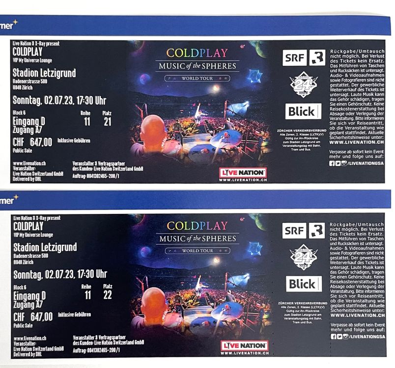 2 x Coldplay My Universe VIP Lounge Package 02.07.2023 (Neu (gemäss ...