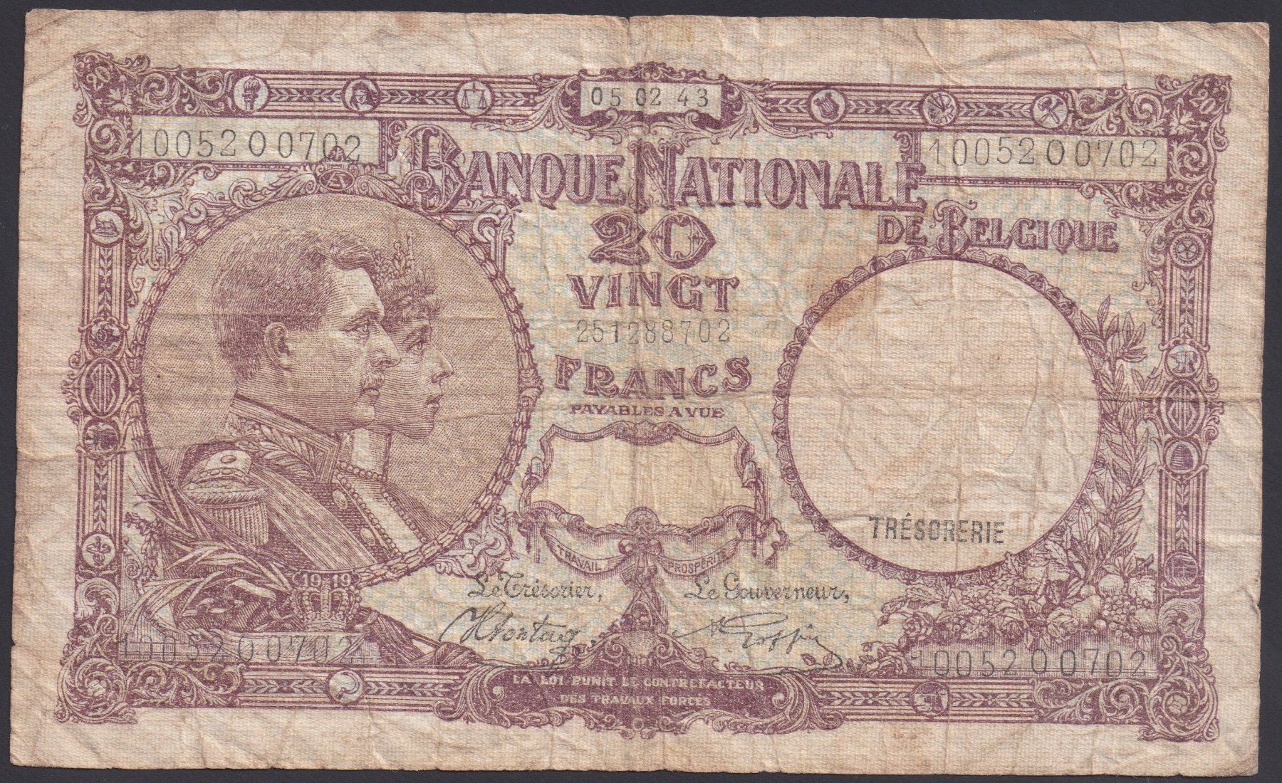 Banknoten: Belgien 20 Francs 1943 – Gebraucht aus Brugg AG von banknoten_muesli