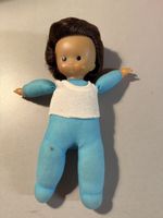 Vintage Stoffpuppe, blaue Kleidung, braune Haare, Rarität!