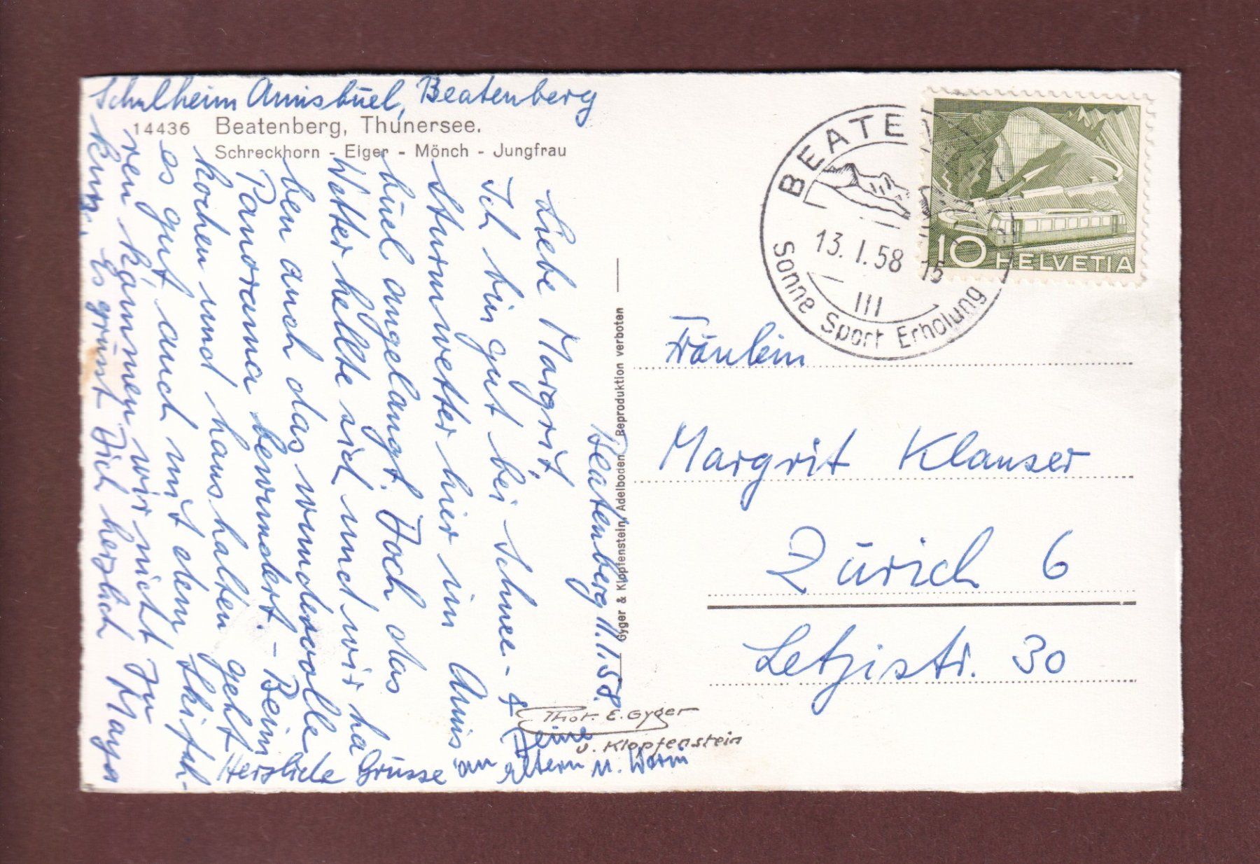 Ansichtskarten: BEATENBERG unter Schnee - 1958 – Gebraucht aus Pully von nicecards 1
