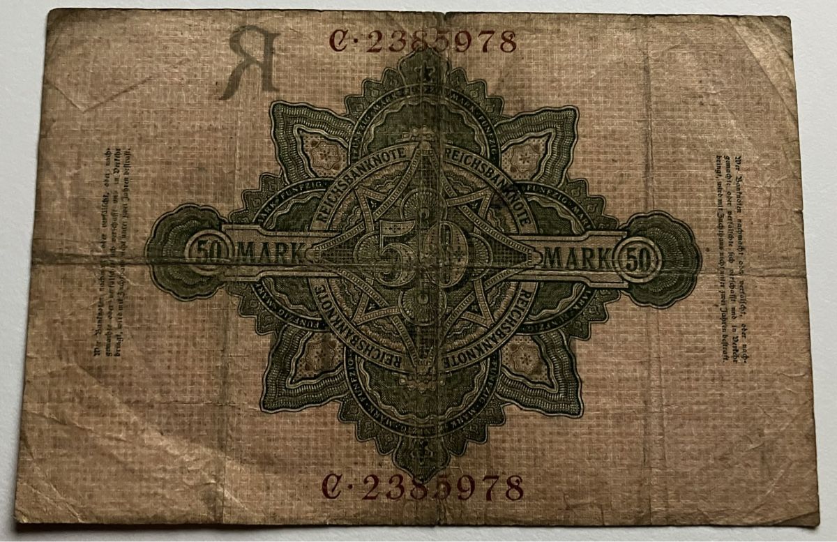 Banknoten: Deutschland 50 Mark 1908 – Gebraucht aus Algetshausen von Carrhard 1