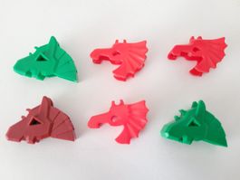 6x Têtes de Dragon Lego castle Vintage Rouge Vert Bordeau.