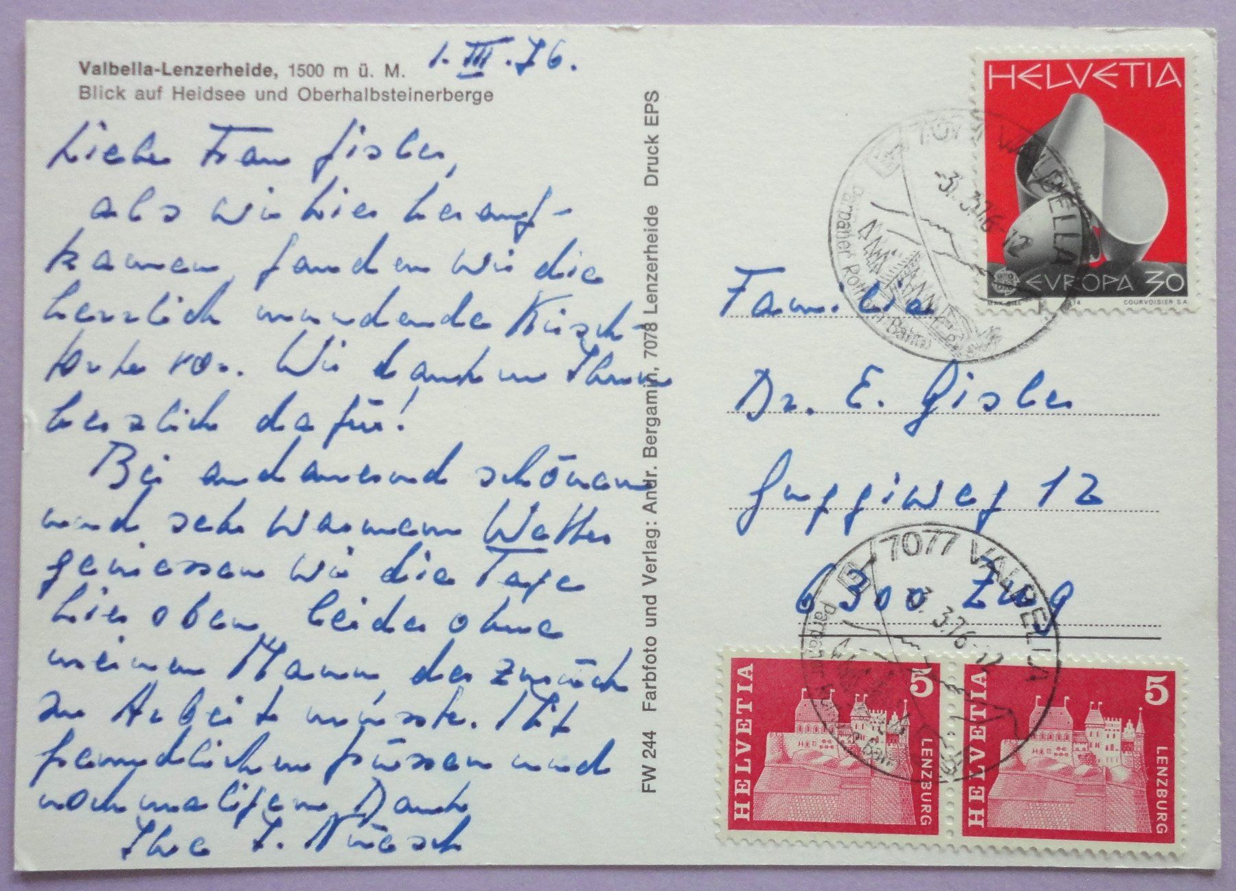 Cartoline postali: Valbella-Lenzerheide, 1500 m ü.M. – Usato da Fétigny venduto da Billy2miny 1