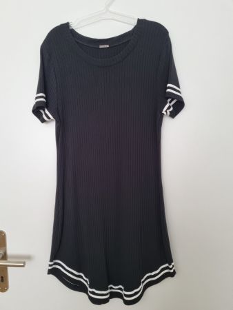 Kurz Arm Kleid Schwarz Stoff Rippen Muster Gr. S