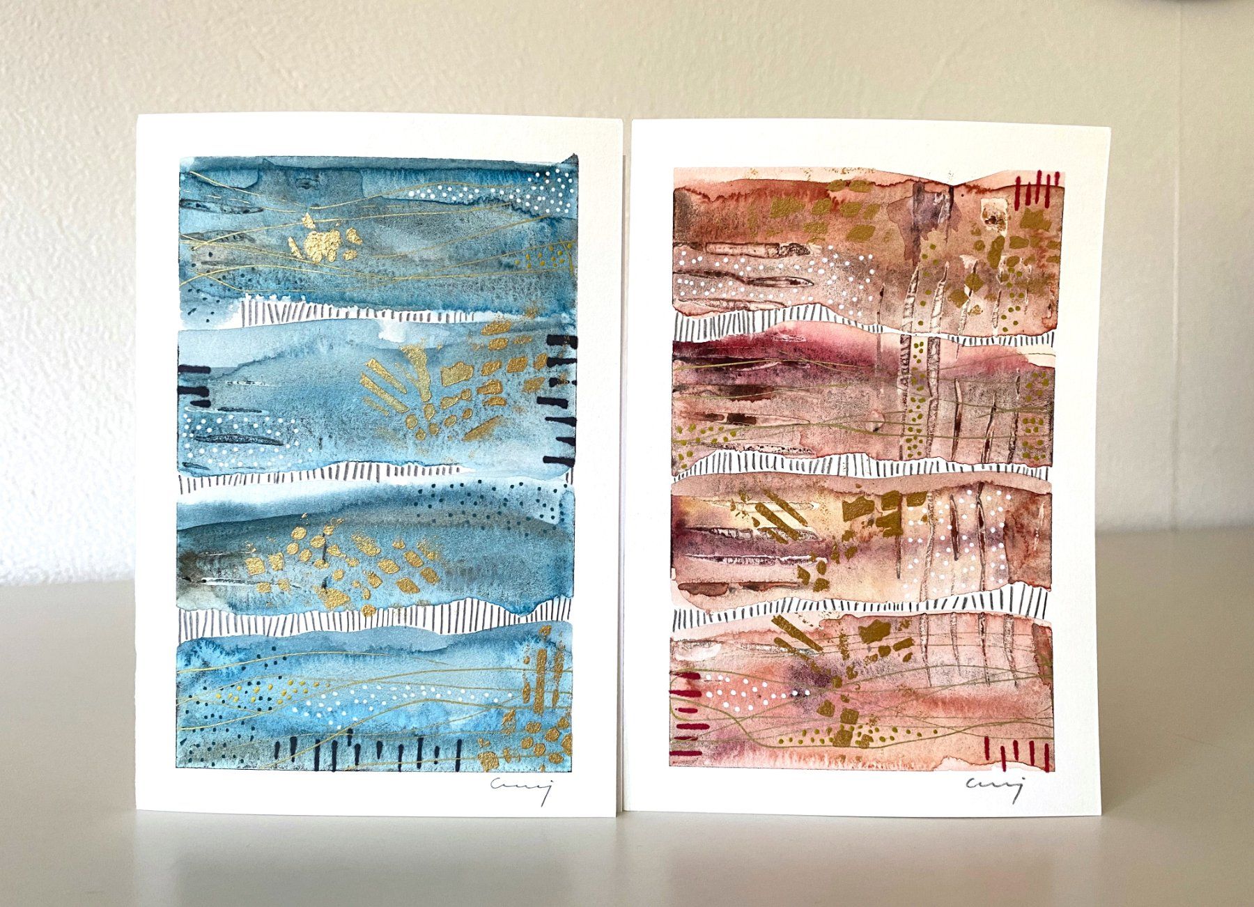 Cartoline: 2-er Set Aquarell-Kunstkarten, handgemalt, Grusskarten – Nuovo e nell'imballaggio originale da Fanas venduto da Omibia