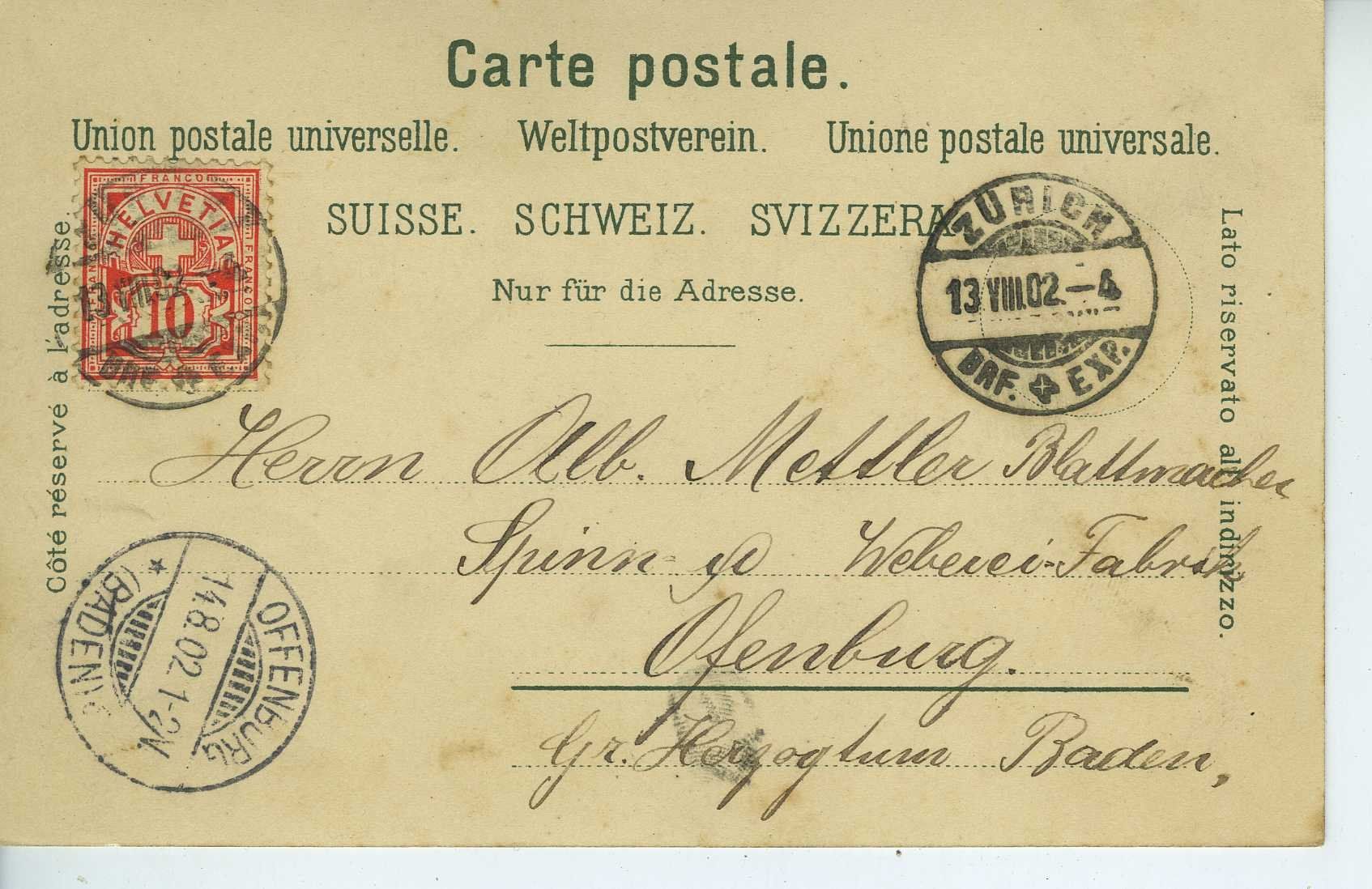 Ansichtskarten: Zürich - Lithokarte 1902 – Gebraucht aus Schleitheim von Pmschlaate 1