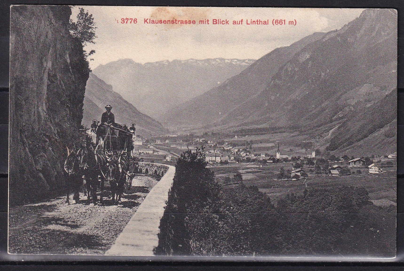 Cartoline postali: Klausenstrasse mit Blick auf Linthal Postkutsche – Usato da Olten venduto da clotaldi
