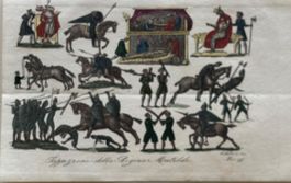 Altkolorierter Kupferstich um 1825 - Völker, Krieger