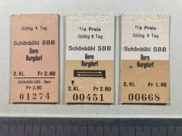 Schönbühl SBB - Bern / Burgdorf, 3 alte Bahn Billette