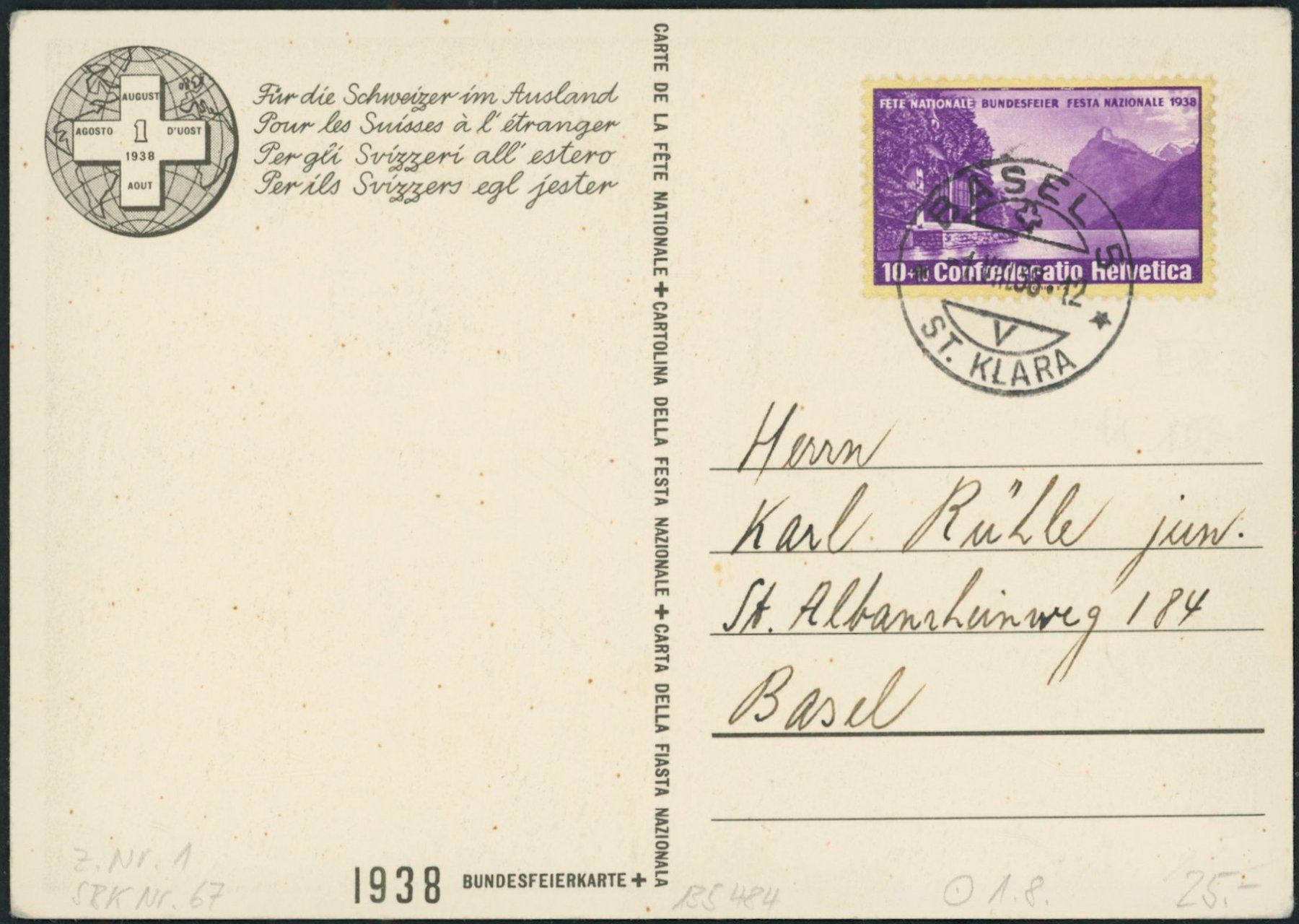 Tutti i francobolli: 1938 - Pro Patria - Bundesfeierkarte – Usato da Schindellegi venduto da stationary