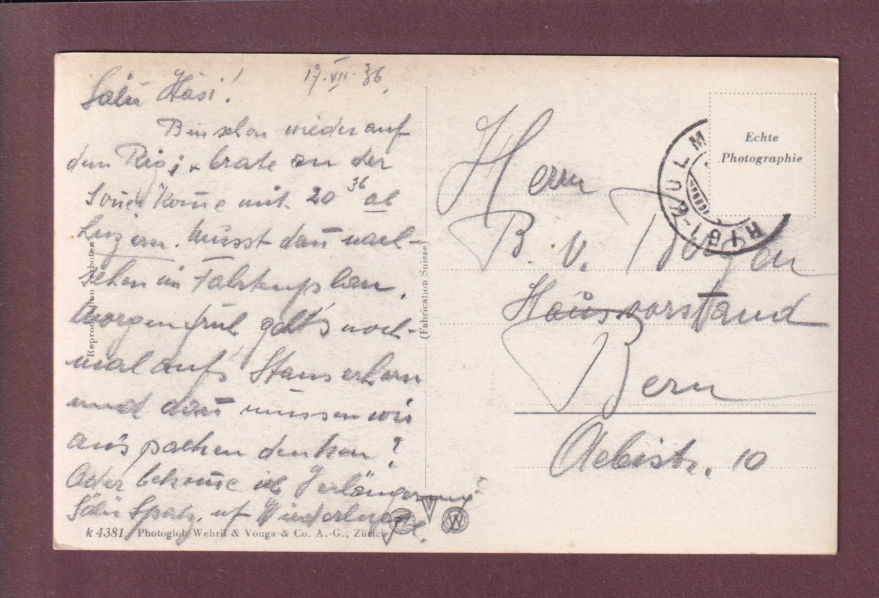 Cartoline postali: WILDHEUER - 1936 – Usato da Pully venduto da nicecards 1