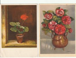 Kunstpostkarten Blumen-Stillleben Geranien & Kamelien
