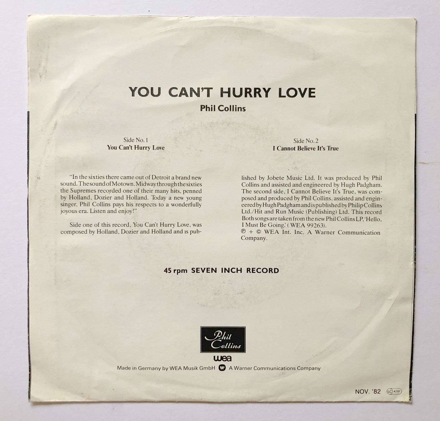 Schallplatten: PHIL COLLINS - YOU CAN'T HURRY LOVE – Gebraucht aus Bottens von hotter-than-hell 1