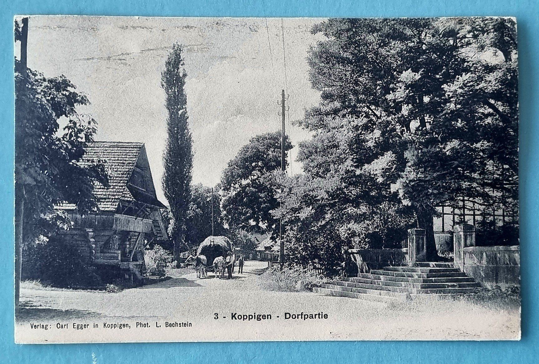 Cartoline postali: Koppigen - Dorfstrasse - Ochsengespann mit Heufuder - 1908 – Usato da Rothrist venduto da RROENK