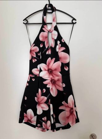 Combishort d'été à fleurs, dos nu, taille 36/S, noire, neuve