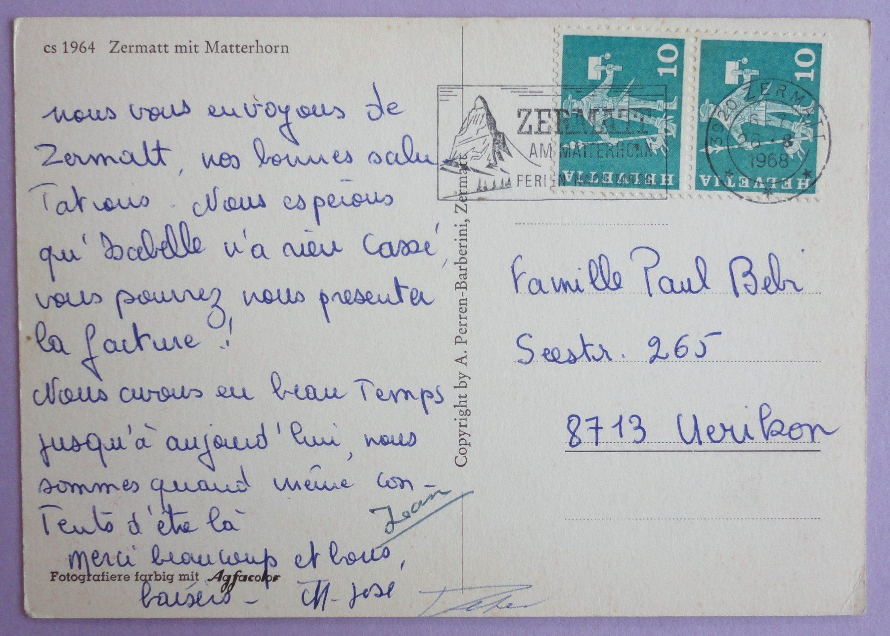 Cartoline postali: Zermatt mit Matterhorn – Usato da Fétigny venduto da Billy2miny 1