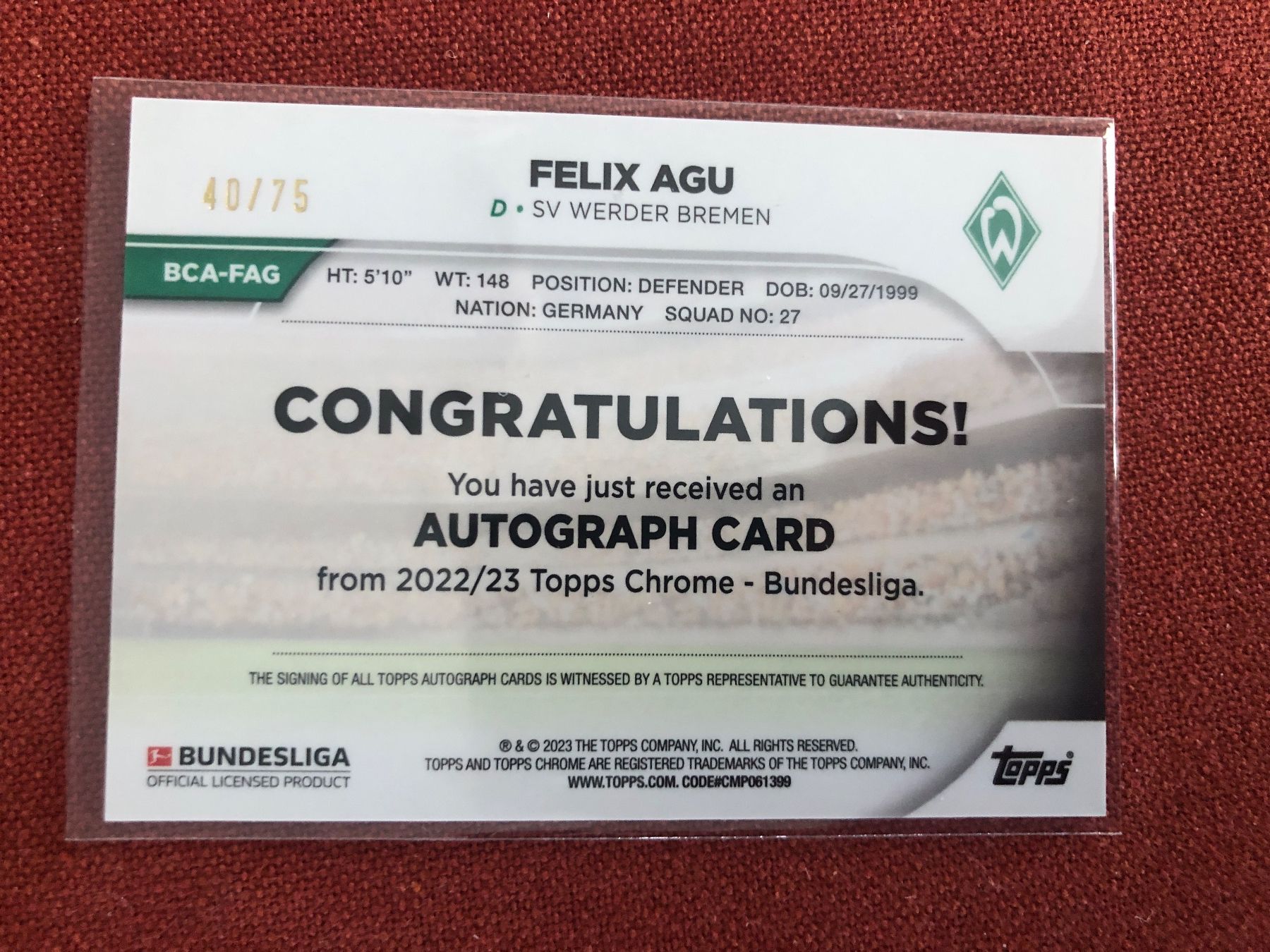 Topps Carte collezionabili: Topps Chrome Felix Agu Autogramm /75 – Usato da Wangenried venduto da Garagara 1