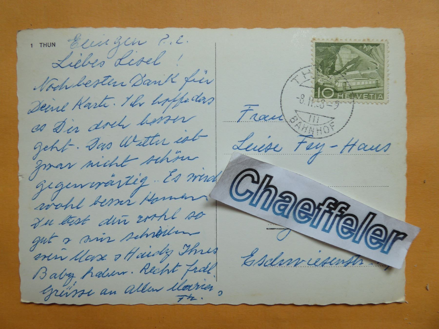 Ansichtskarten: 1  Thun   1958 – Gebraucht aus Zürich von Chaeffeler 1