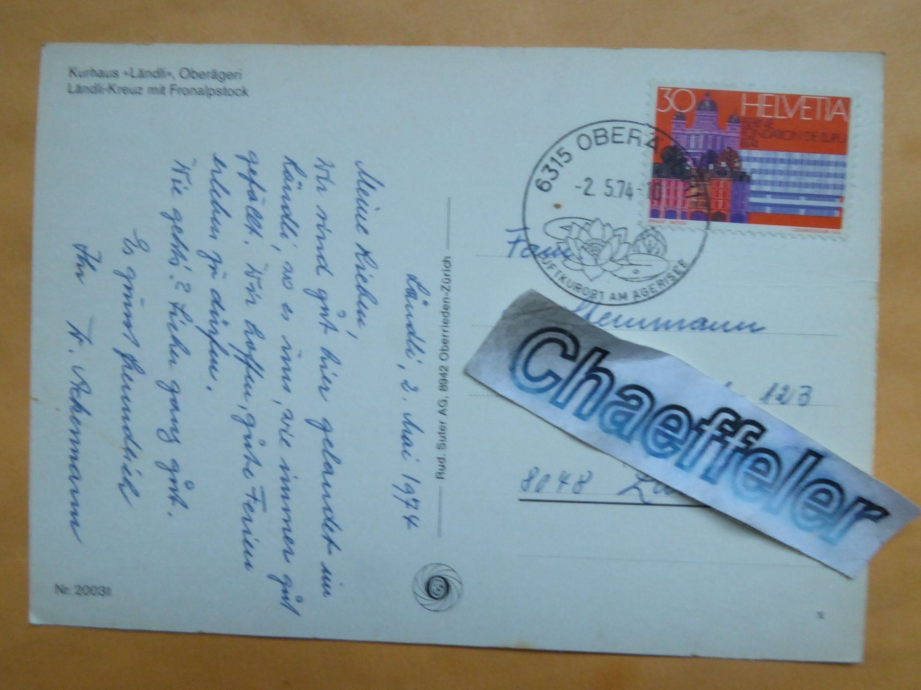 Cartes postales: 1974  Kurhaus "Ländli", Oberägeri – D'occasion à Zürich par Chaeffeler 1
