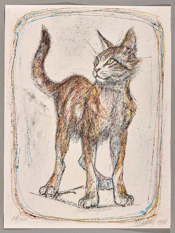 Freche Katze, Lithografie von Fritz Hug, handsigniert 1