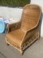 Rattan Sessel mit kariertem Sitzkissen naturfarben