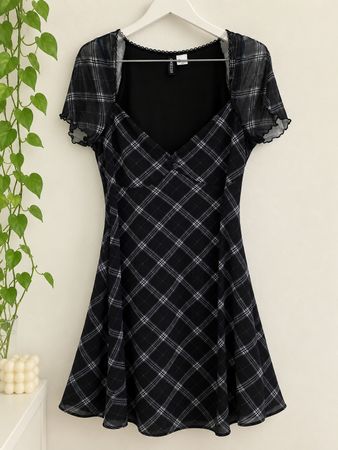 Kleid kariert Schwarz Weiss Kurzarm Mesh Grösse L