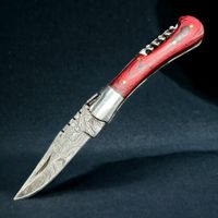 Couteau poche lame acier Damas manche olivier tire-bouchon