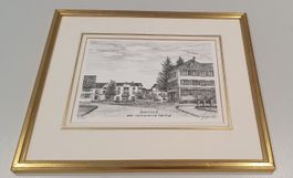 Lithographie - Amriswil alter Marktplatz mit Cafe Graf