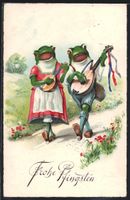 Ein Froschpaar in Kleidung spielt Laute,