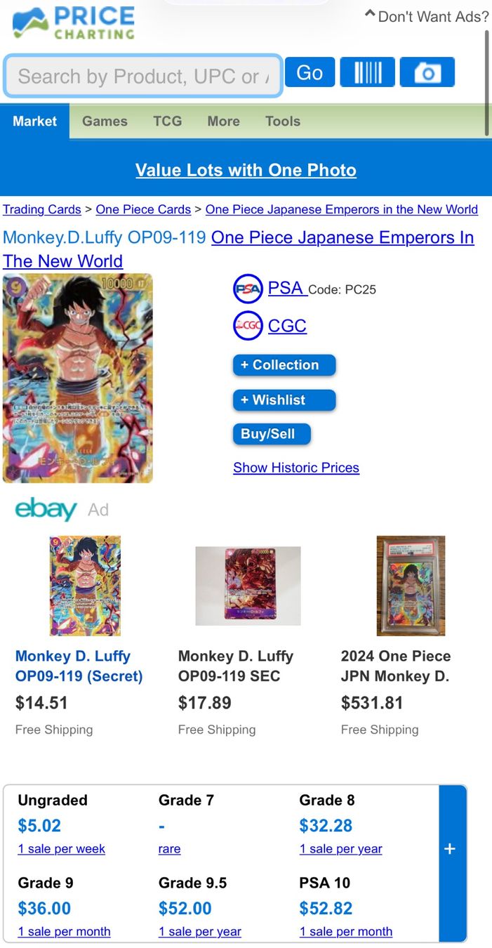 Bandai Carte collezionabili: Monkey D. Luffy OP09-119 SEC - SG 10 - Gem Mint - JP – Nuovo (secondo la descrizione) da Chêne-Bougeries venduto da Carte-Sauvage 2