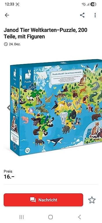 Puzzle: Janod Lernpuzzle Bedrohte Tiere 200 Teile – Usato da Abtwil AG venduto da Stern1969