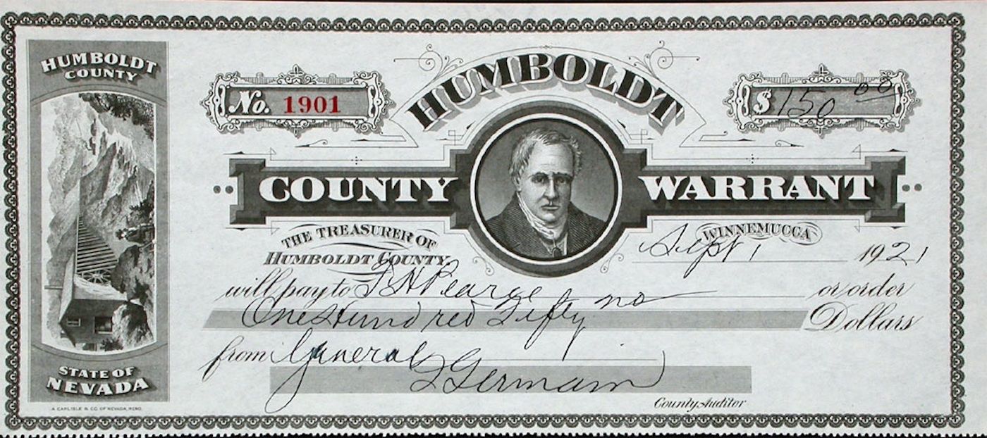 Documenti: Humboldt County Warrant, Winnemuca - 1922 – Usato da Solothurn venduto da Sgasche