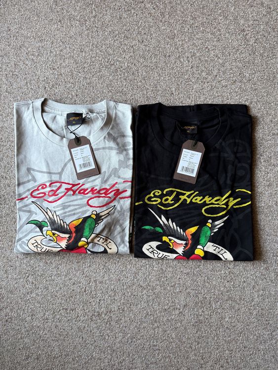T-shirt Ed Hardy Homme Big Wave Brodé Appliqué Bleu Clair - Taille XL - Neuf Avec Étiquettes