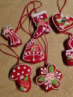 7x Weihnachtsbaumschmuck Lebkuchen Optik, Rot/Weiss, Neu