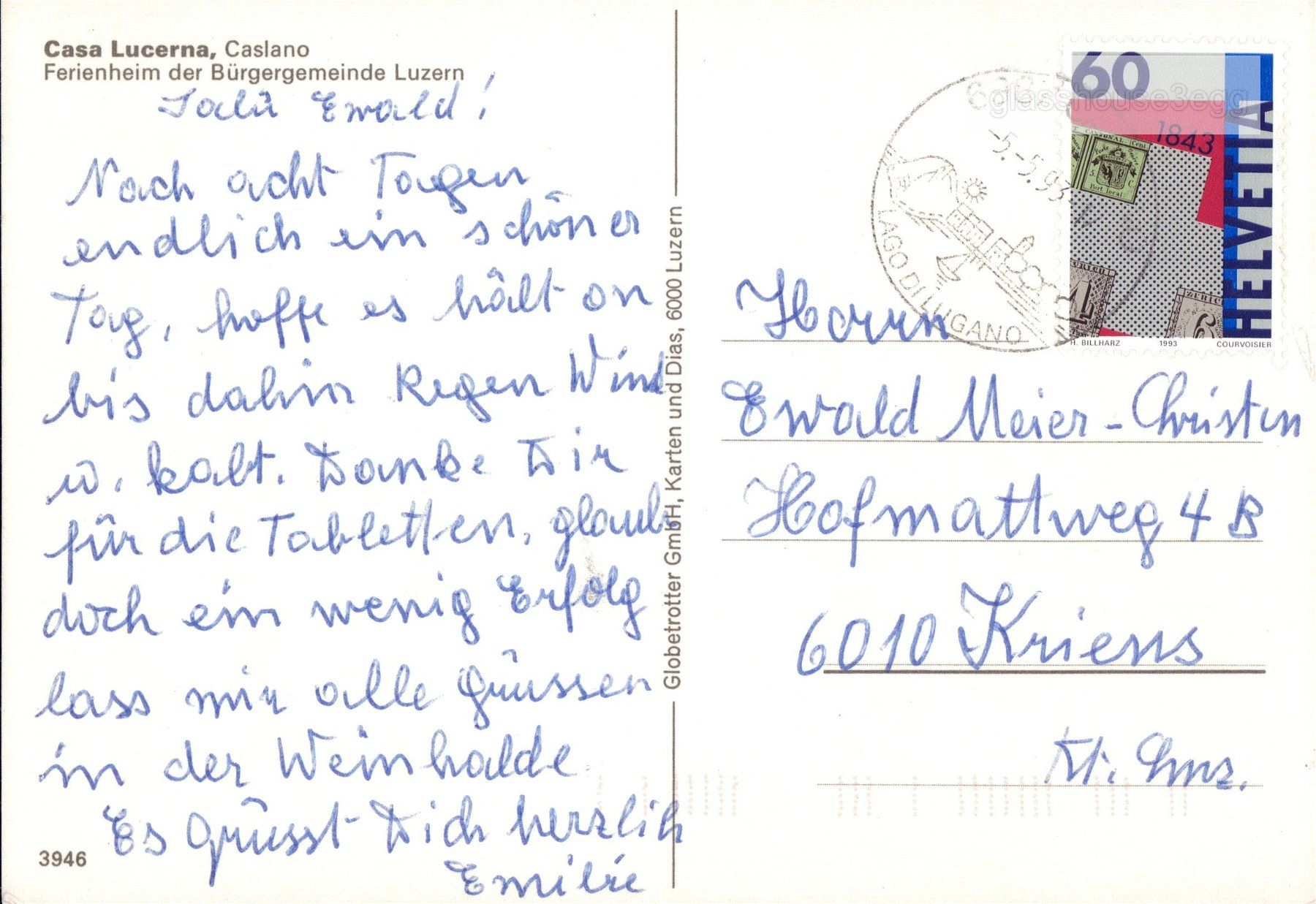 Ansichtskarten: AK 1993 Casa Lucerna, Caslano – Gebraucht aus Eggersriet von glasshouse3egg 1