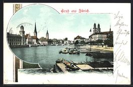 Zürich, Hafenansicht mit Blick zur Kirc
