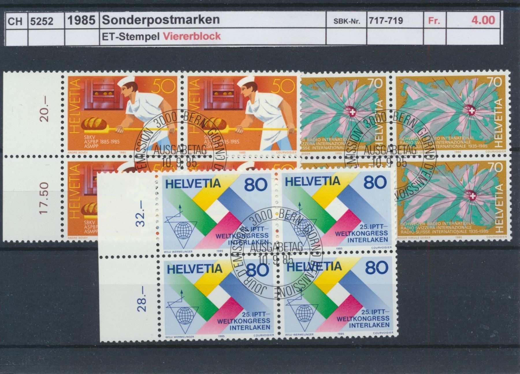 Tutti i francobolli: 1985 "Sonderpostmarken", Viererblock, ET - Stempel – Usato da Winterthur venduto da Zupogeru