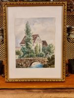 Vintage Aquarell 30/40er Landschaft Haus Brücke sign H