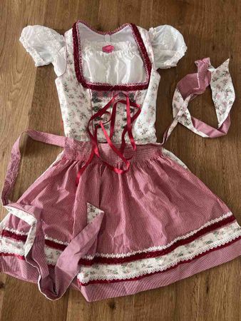Dirndl Kleid mit Schürze weiss rot geblümt neuwertig