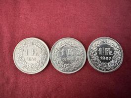 1 Franken 1945 1946 1947 gute Erhaltung im Etui.
